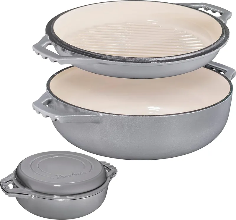 2-in-1 Enameled Cast Iron Cocotte Double Braiser Pan